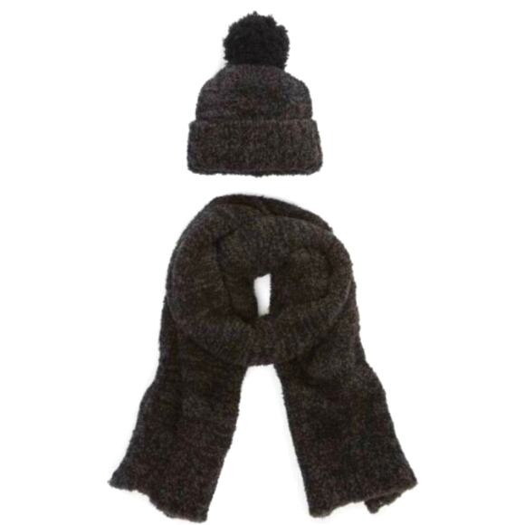 NWT Barefoot Dreams CozyChic Pom Pom Beanie & Scarf Set Espresso Cocoa - Picture 1 of 5